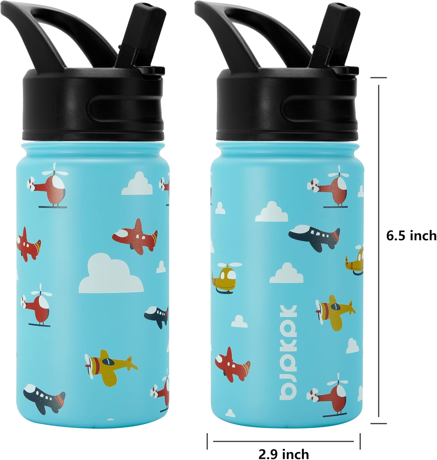BJPKPK 15oz Insulated Water Bottle with Straw Lid, 15oz Stainless Steel Water Bottles, Reusable Leak Proof BPA-Free Thermos with 2 Straws, 1 Straw Brush(Aircraft) In Blue