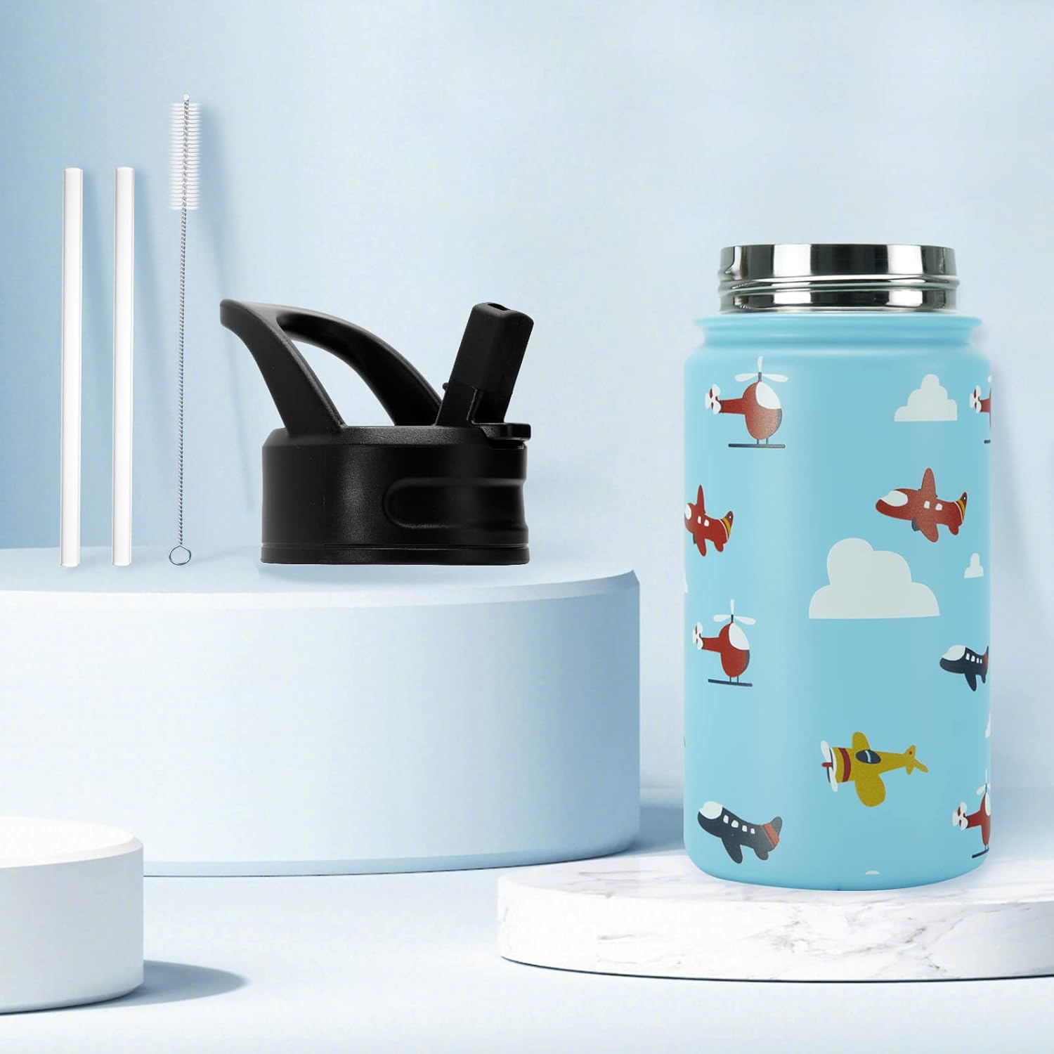 BJPKPK 15oz Insulated Water Bottle with Straw Lid, 15oz Stainless Steel Water Bottles, Reusable Leak Proof BPA-Free Thermos with 2 Straws, 1 Straw Brush(Aircraft) In Blue
