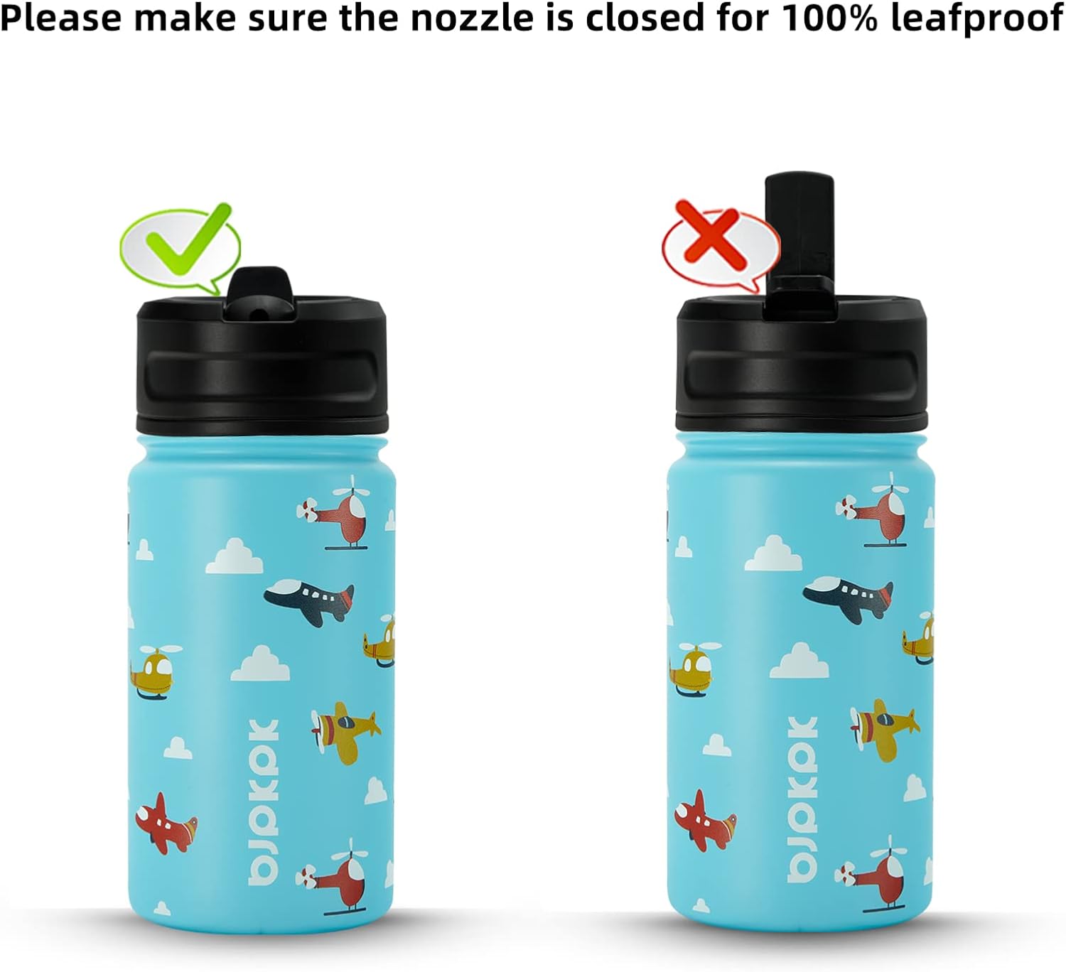 BJPKPK 15oz Insulated Water Bottle with Straw Lid, 15oz Stainless Steel Water Bottles, Reusable Leak Proof BPA-Free Thermos with 2 Straws, 1 Straw Brush(Aircraft) In Blue