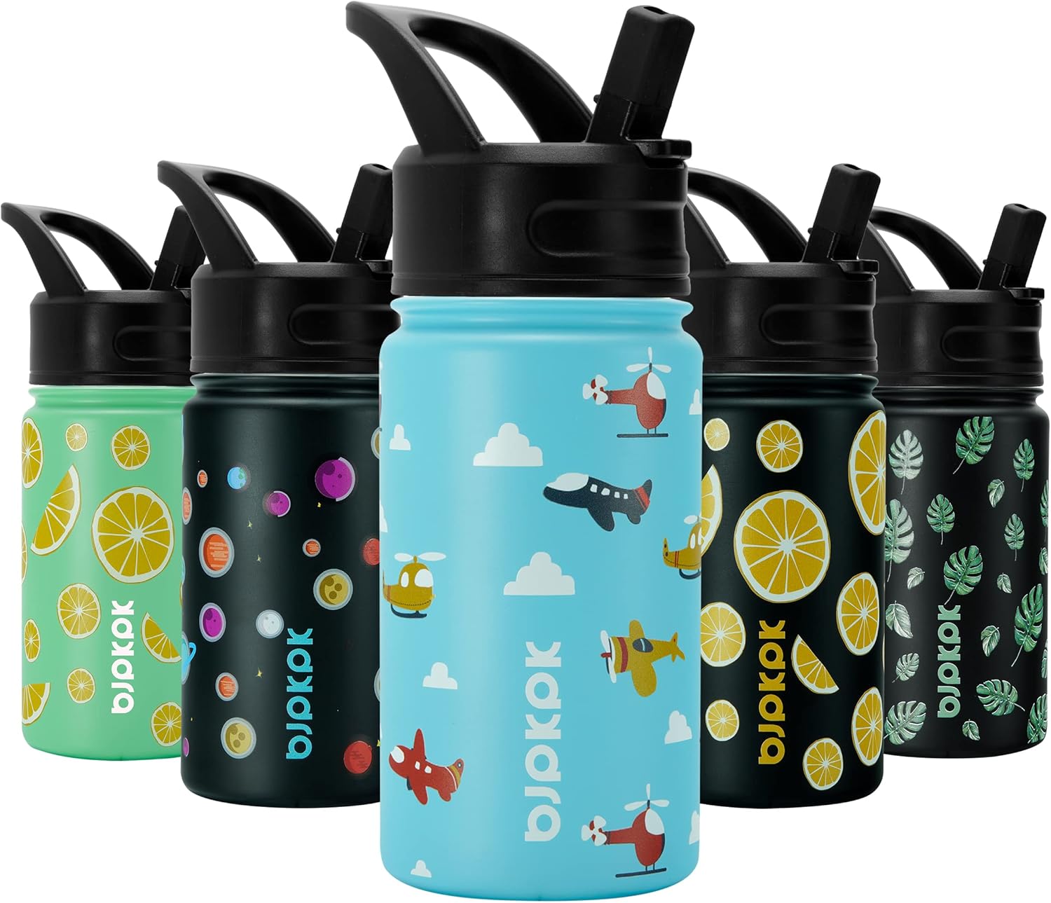 BJPKPK 15oz Insulated Water Bottle with Straw Lid, 15oz Stainless Steel Water Bottles, Reusable Leak Proof BPA-Free Thermos with 2 Straws, 1 Straw Brush(Aircraft) In Blue