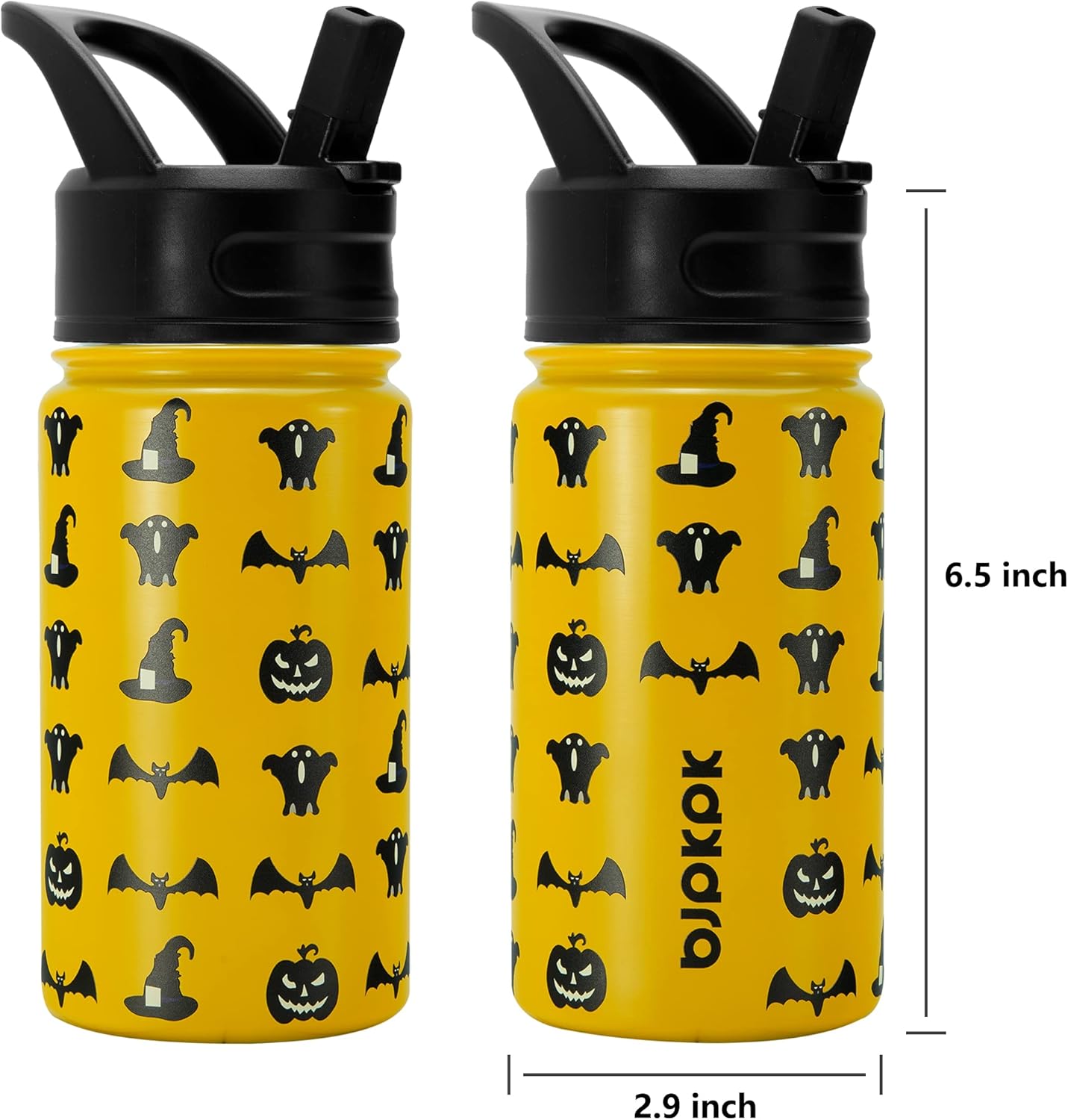 BJPKPK 15oz Insulated Water Bottle with Straw Lid, 15oz Stainless Steel Water Bottles, Reusable Leak Proof BPA-Free Thermos with 2 Straws, 1 Straw Brush(Halloween) In Yellow