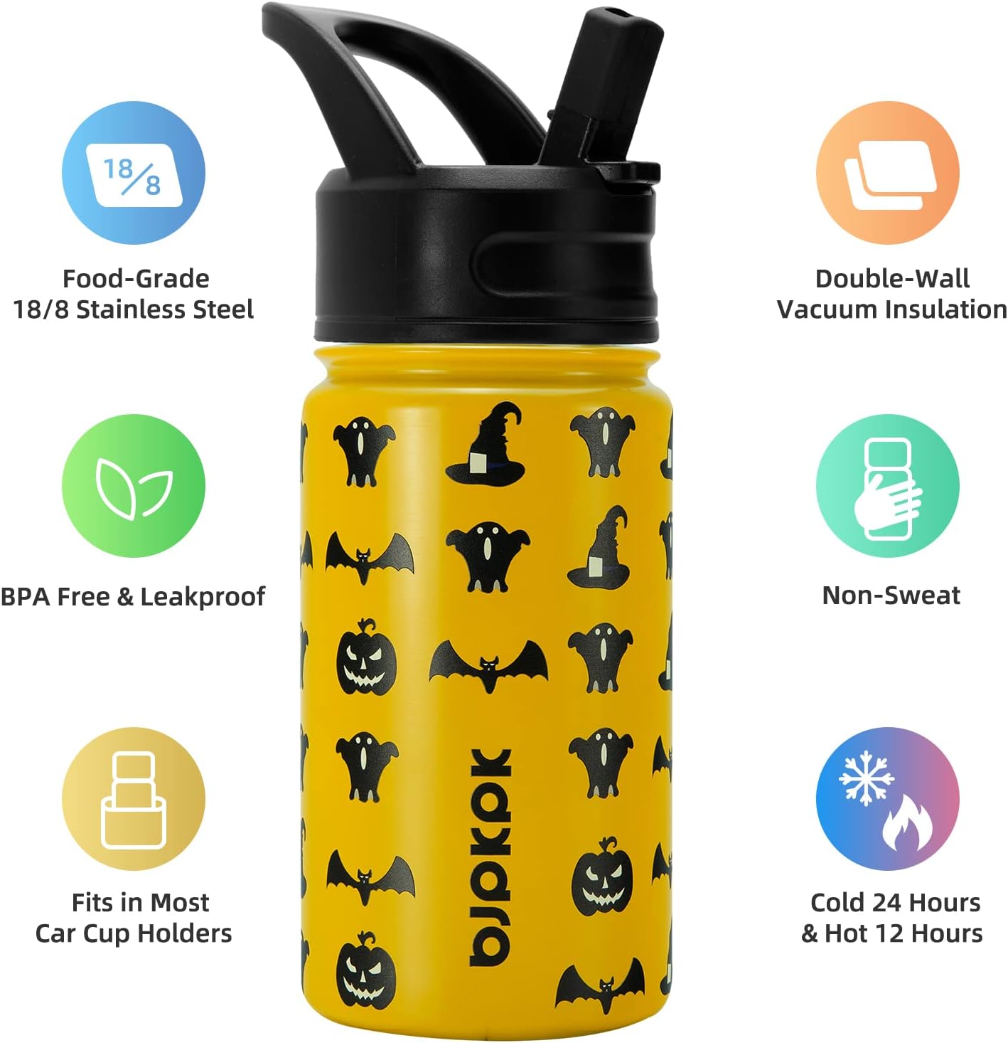 BJPKPK 15oz Insulated Water Bottle with Straw Lid, 15oz Stainless Steel Water Bottles, Reusable Leak Proof BPA-Free Thermos with 2 Straws, 1 Straw Brush(Halloween) In Yellow