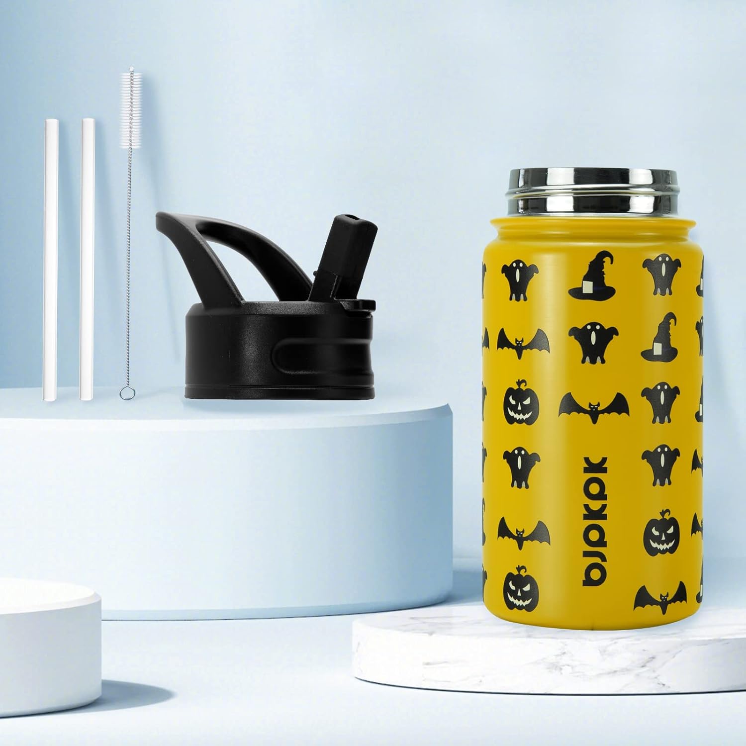 BJPKPK 15oz Insulated Water Bottle with Straw Lid, 15oz Stainless Steel Water Bottles, Reusable Leak Proof BPA-Free Thermos with 2 Straws, 1 Straw Brush(Halloween) In Yellow