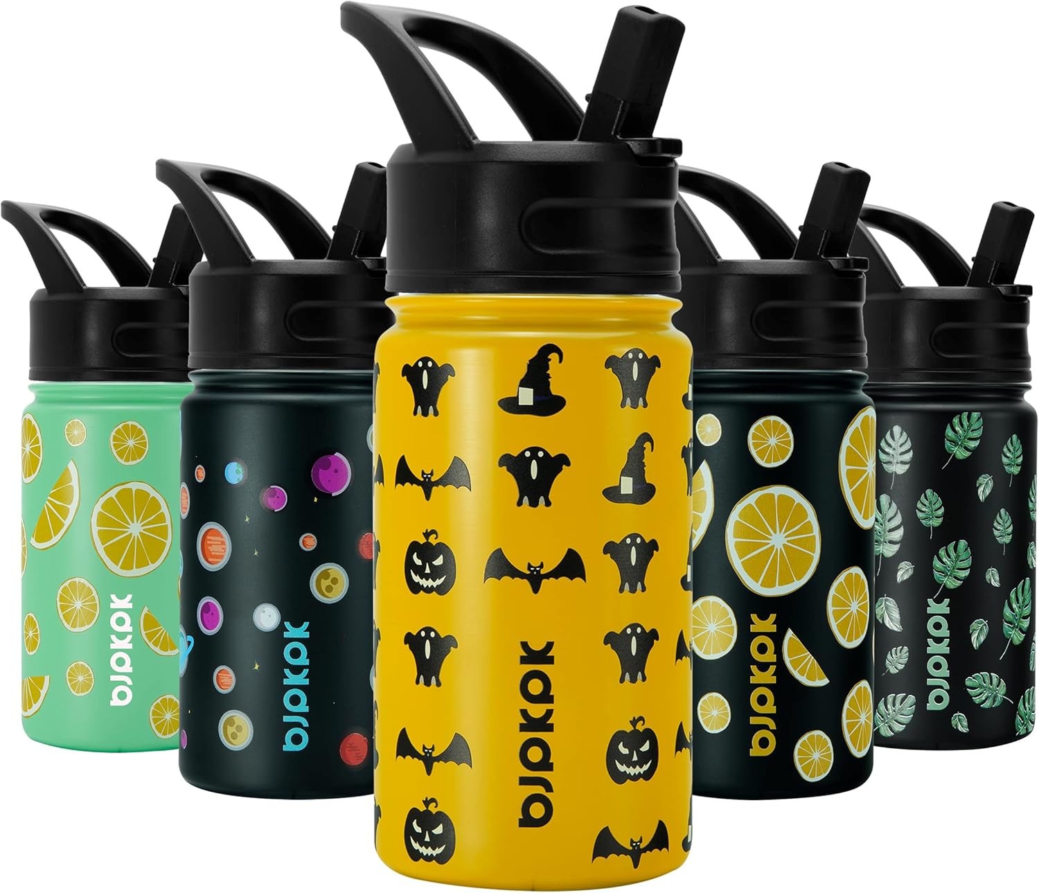 BJPKPK 15oz Insulated Water Bottle with Straw Lid, 15oz Stainless Steel Water Bottles, Reusable Leak Proof BPA-Free Thermos with 2 Straws, 1 Straw Brush(Halloween) In Yellow