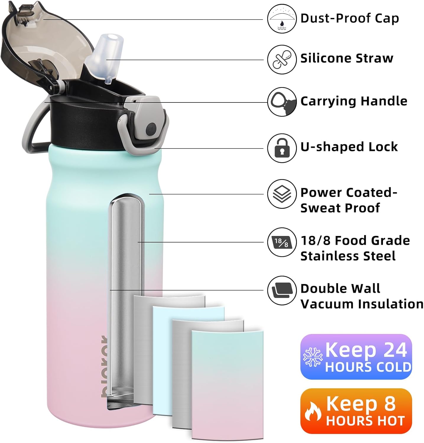 BJPKPK 18oz Insulated Water Bottle With Straw Stainless Steel Double Wall Water Bottles BPA Free Leak Proof Thermos With Lockable Flip Lid And Soft Silicone Spout In Blue Pink