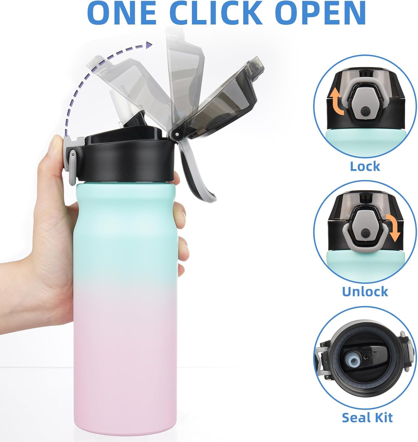 BJPKPK 18oz Insulated Water Bottle With Straw Stainless Steel Double Wall Water Bottles BPA Free Leak Proof Thermos With Lockable Flip Lid And Soft Silicone Spout In Blue Pink