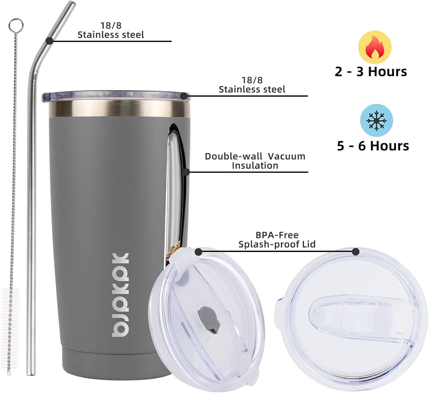 BJPKPK 20 oz Insulated Tumbler With Lid And Straw Stainless Steel Tumblers Coffee Mug Thermal Cup For Women And Men In Grey