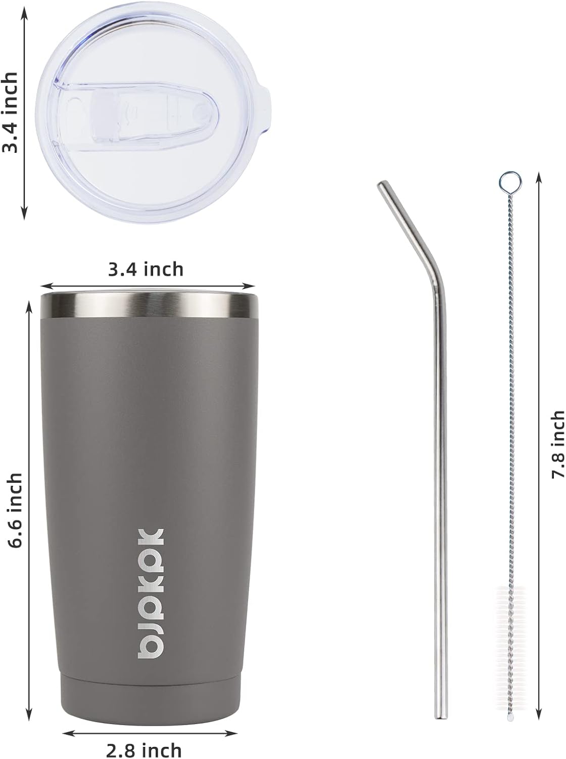 BJPKPK 20 oz Insulated Tumbler With Lid And Straw Stainless Steel Tumblers Coffee Mug Thermal Cup For Women And Men In Grey