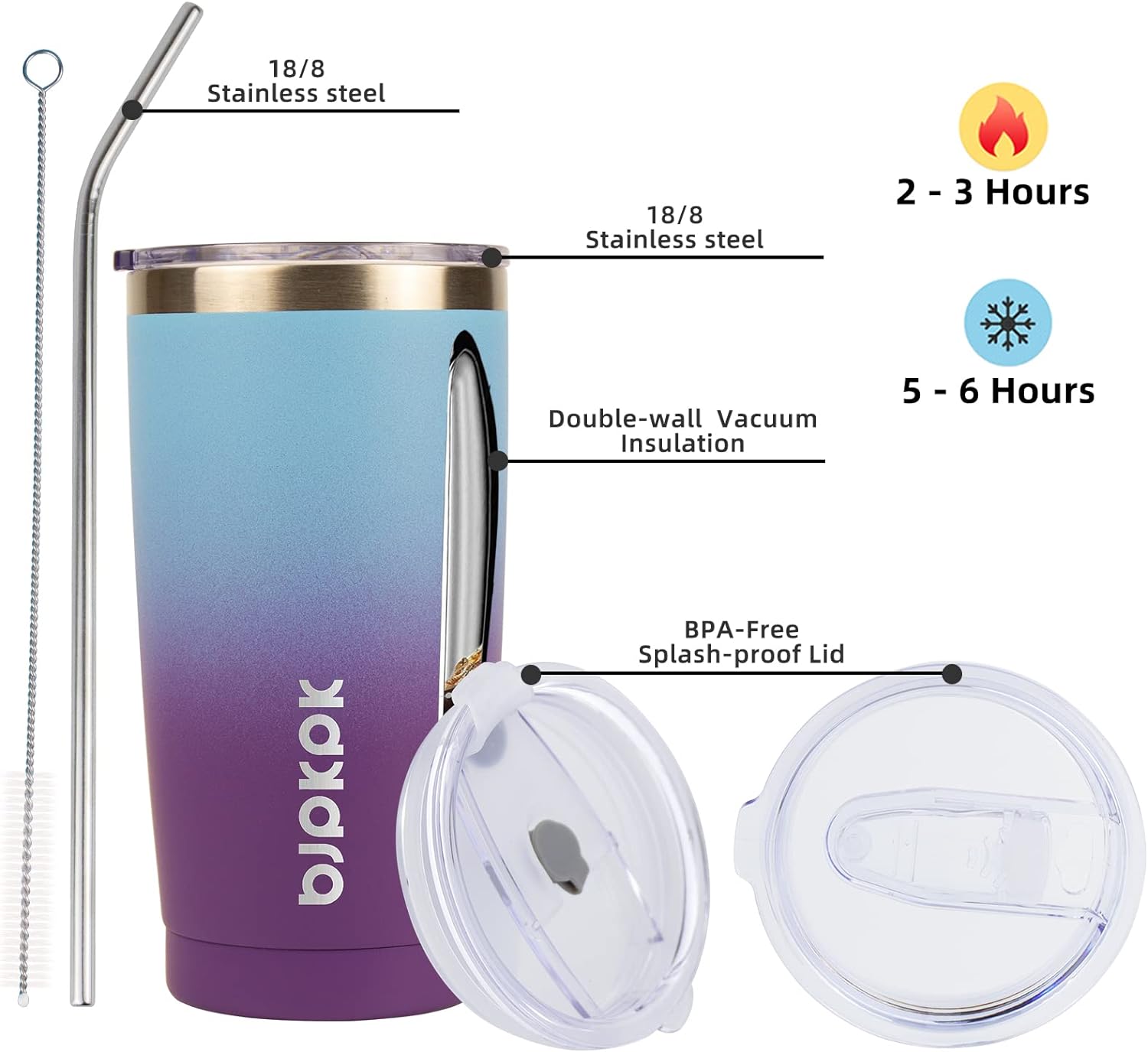 BJPKPK 20 oz Stainless Steel Vacuum Insulated Tumblers with Lids and Straw Reusable Travel Water Mug Double Wall Coffee Cup for Women and Men In Blue Purple