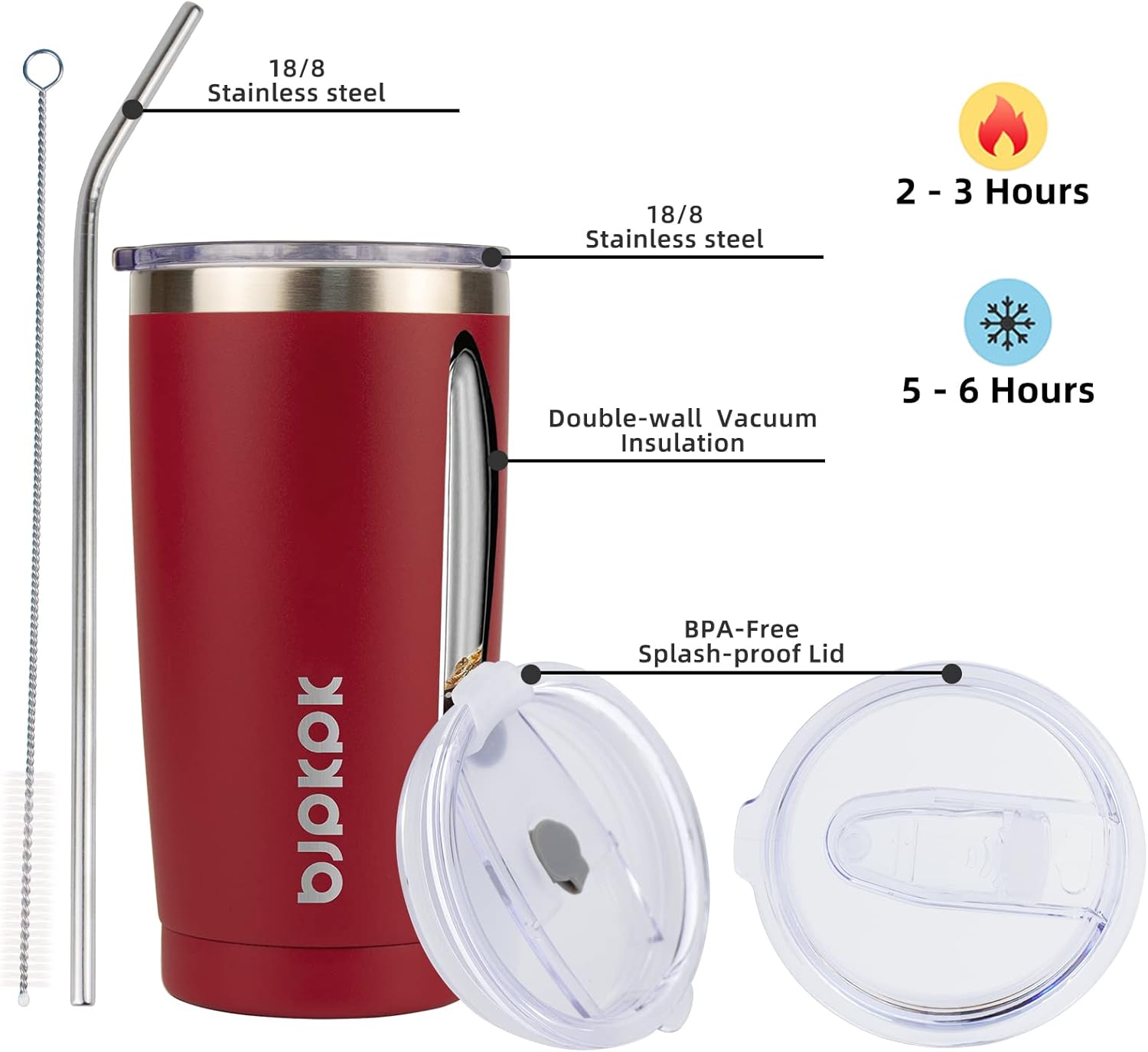 BJPKPK 20 oz Tumbler Stainless Steel Vacuum Insulated Tumblers Cup with Lid and Straw In Red