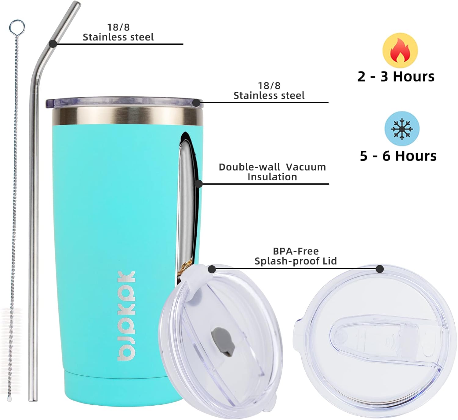 BJPKPK 20 oz Tumbler With Lid And Straw Stainless Steel Ice Coffee Tumblers Vacuum Insulated Travel Thermal Cup In Turquoise