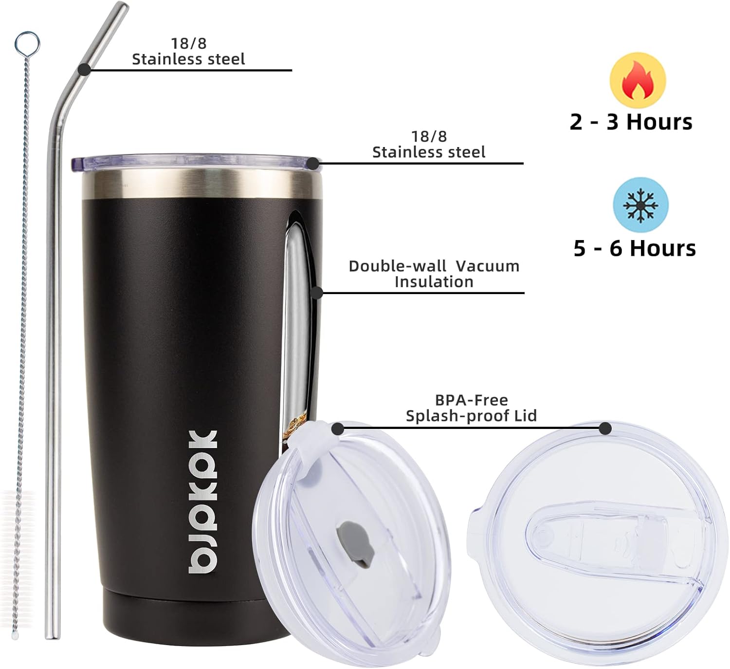 BJPKPK 20 oz Tumbler with Lid and Straw Insulated Travel Coffee Mug Reusable Stainless Steel Thermal Cups In Black