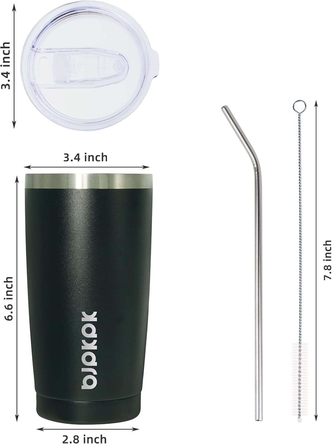 BJPKPK 20 oz Tumbler with Lid and Straw Insulated Travel Coffee Mug Reusable Stainless Steel Thermal Cups In Black