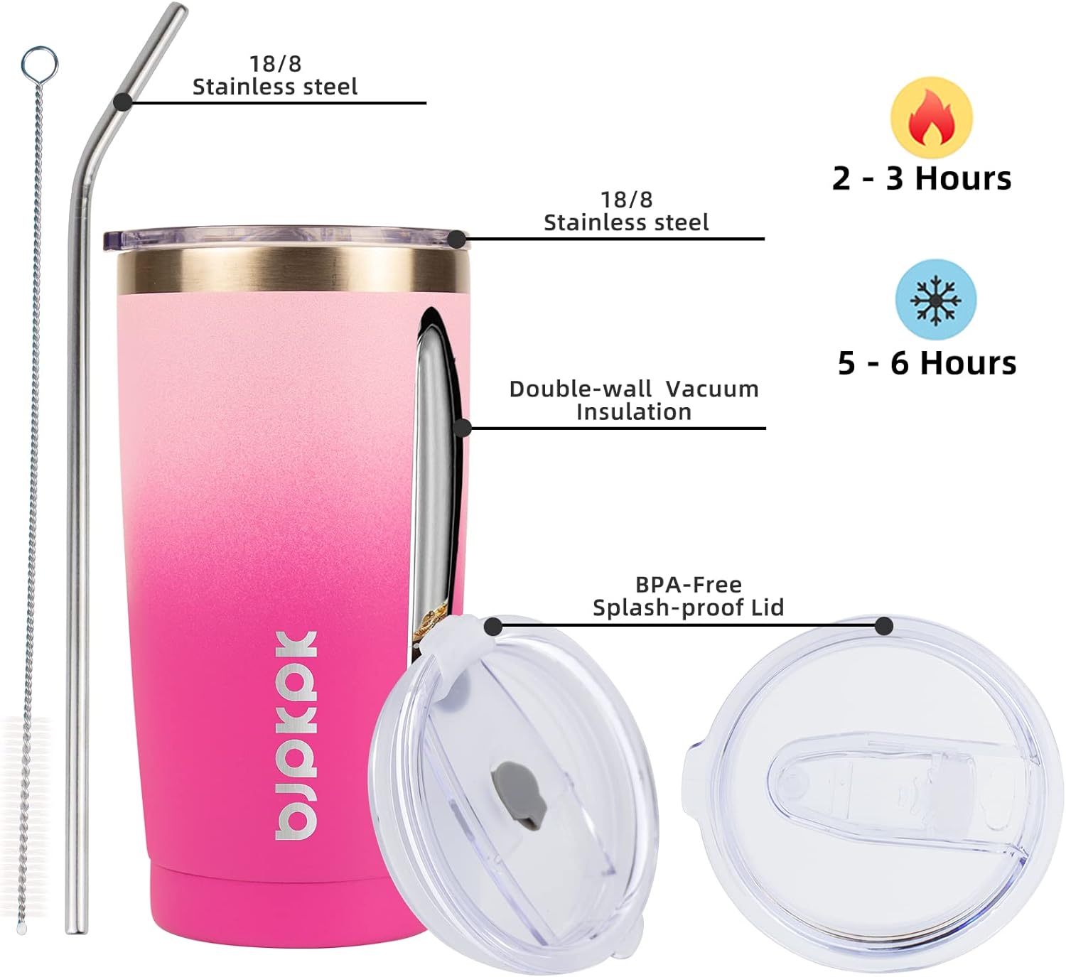 BJPKPK 20oz Stainless Steel Tumbler with Lid And Straw, Double Wall Vacuum Coffee Cup, Travel Mug for Ice Drink and Hot Beverage, Insulation Travel Tumblers Cups In Pink