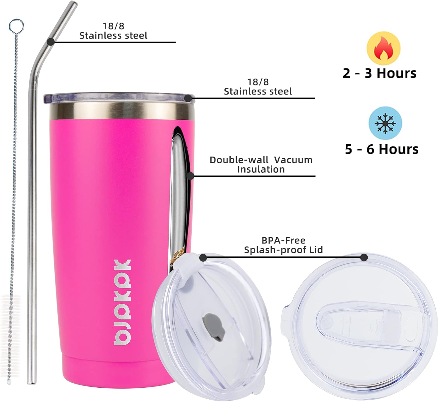 BJPKPK 20oz Stainless Steel Tumbler with Lid, Double Wall Vacuum Coffee Cup, Travel Mug for Ice Drink and Hot Beverage, Insulation Travel Tumbler Cup with Straws In Pink