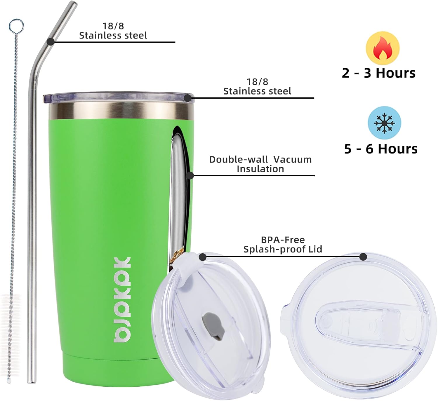 BJPKPK 20oz Tumbler with Lid and Straw Stainless Steel Tumbler Cup Vacuum Insulated Double Wall Travel Coffee Mug In Green