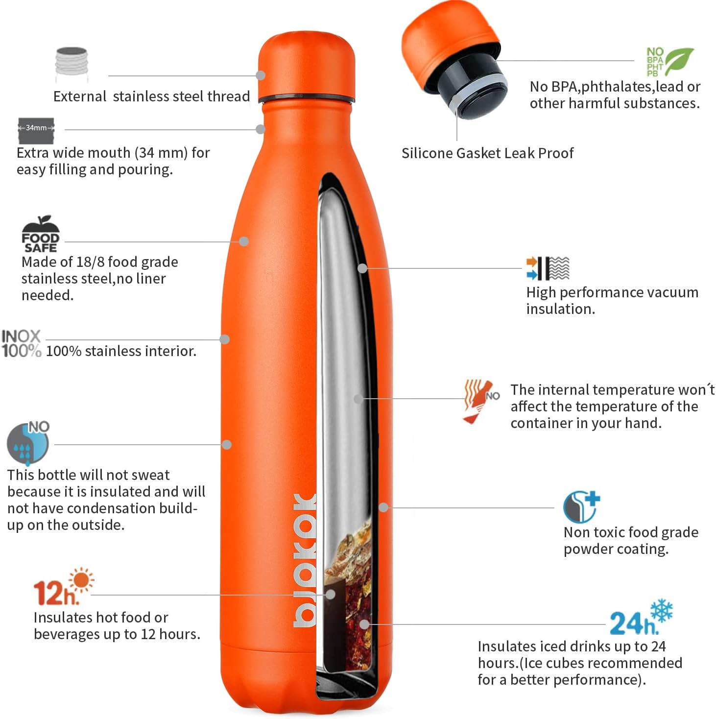 BJPKPK 25oz Insulated Stainless Steel Water Bottles,Sports Water Bottles Keep Cold for 24 Hours and Hot for 12 Hours In Orange