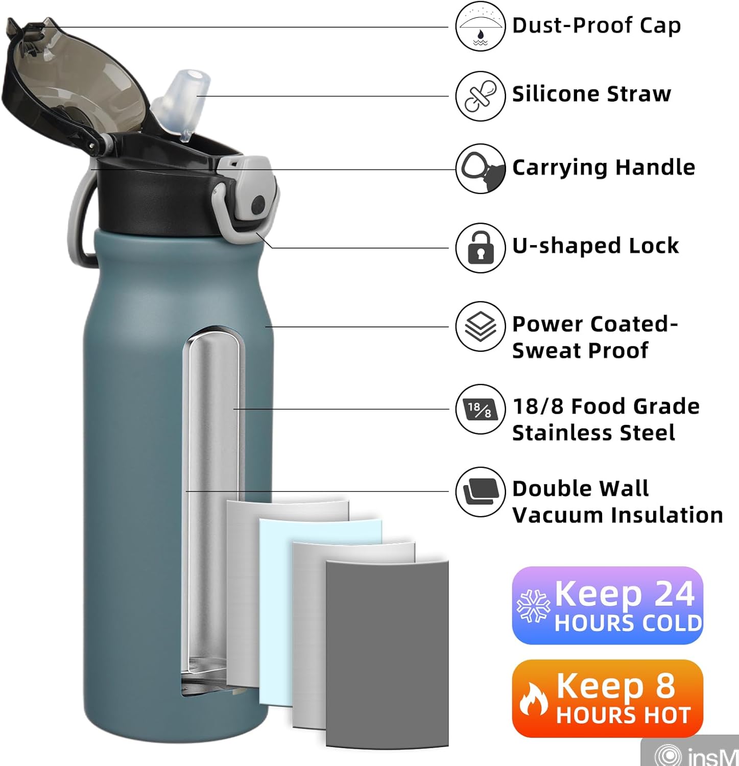 BJPKPK 25oz Insulated Water Bottle With Straw Stainless Steel Double Wall Water Bottles BPA Free Leak Proof Thermos With Lockable Flip Lid In Dark Grey
