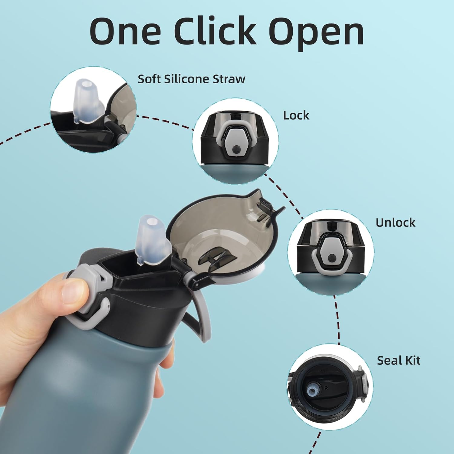 BJPKPK 25oz Insulated Water Bottle With Straw Stainless Steel Double Wall Water Bottles BPA Free Leak Proof Thermos With Lockable Flip Lid In Dark Grey
