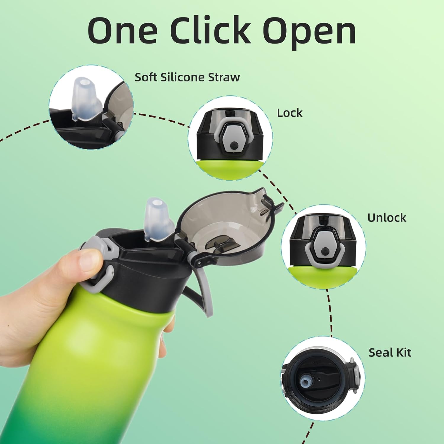 BJPKPK 25oz Insulated Water Bottle With Straw Stainless Steel Double Wall Water Bottles BPA Free Leak Proof Thermos With Lockable Flip Lid And Soft Silicone Spout In Green