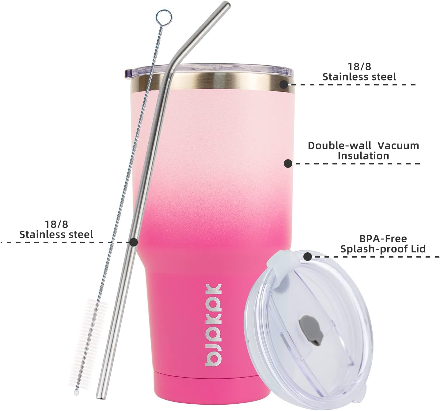 BJPKPK 30 oz Tumbler With Lid And Straw Travel Coffee Mug Stainless Steel Insulated Thermal Tumblers Cup In Pink