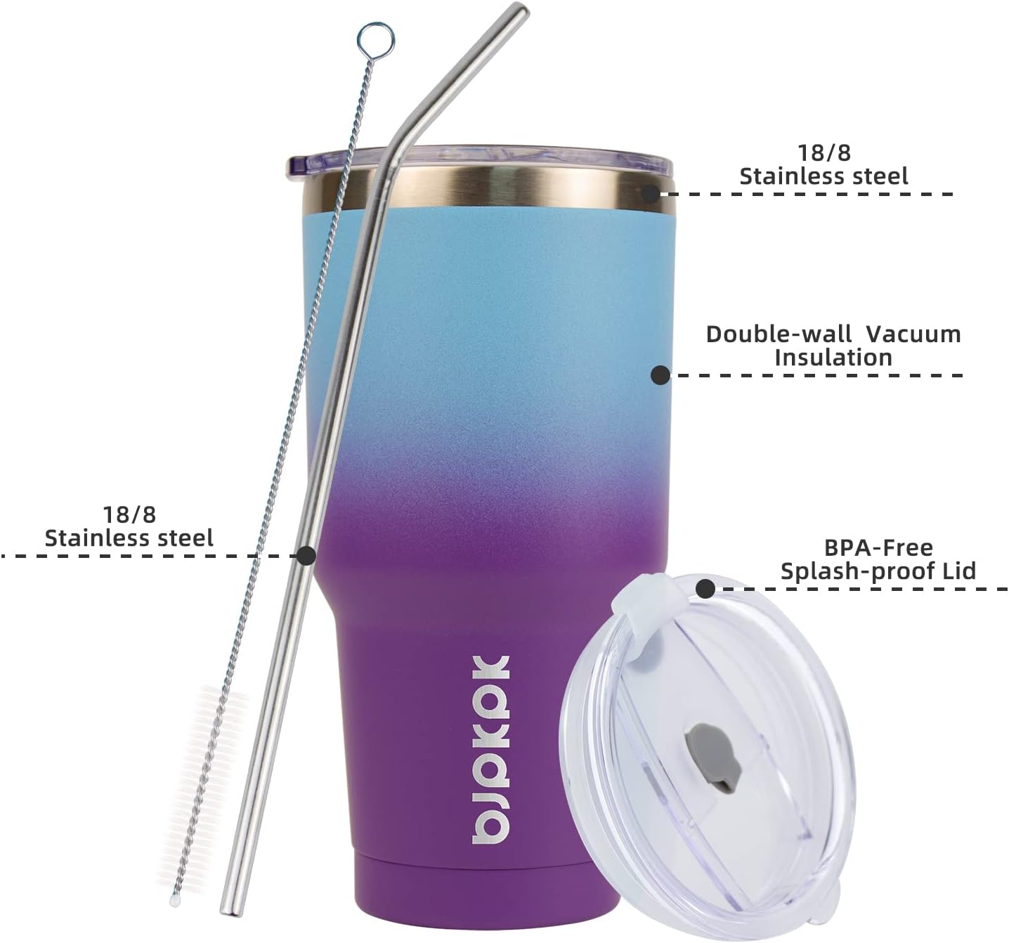 BJPKPK 30oz Color Block Tumbler With Lid And Straw,Stainless Steel Double Wall Vacuum Insulated Tumblers In Blue Purple