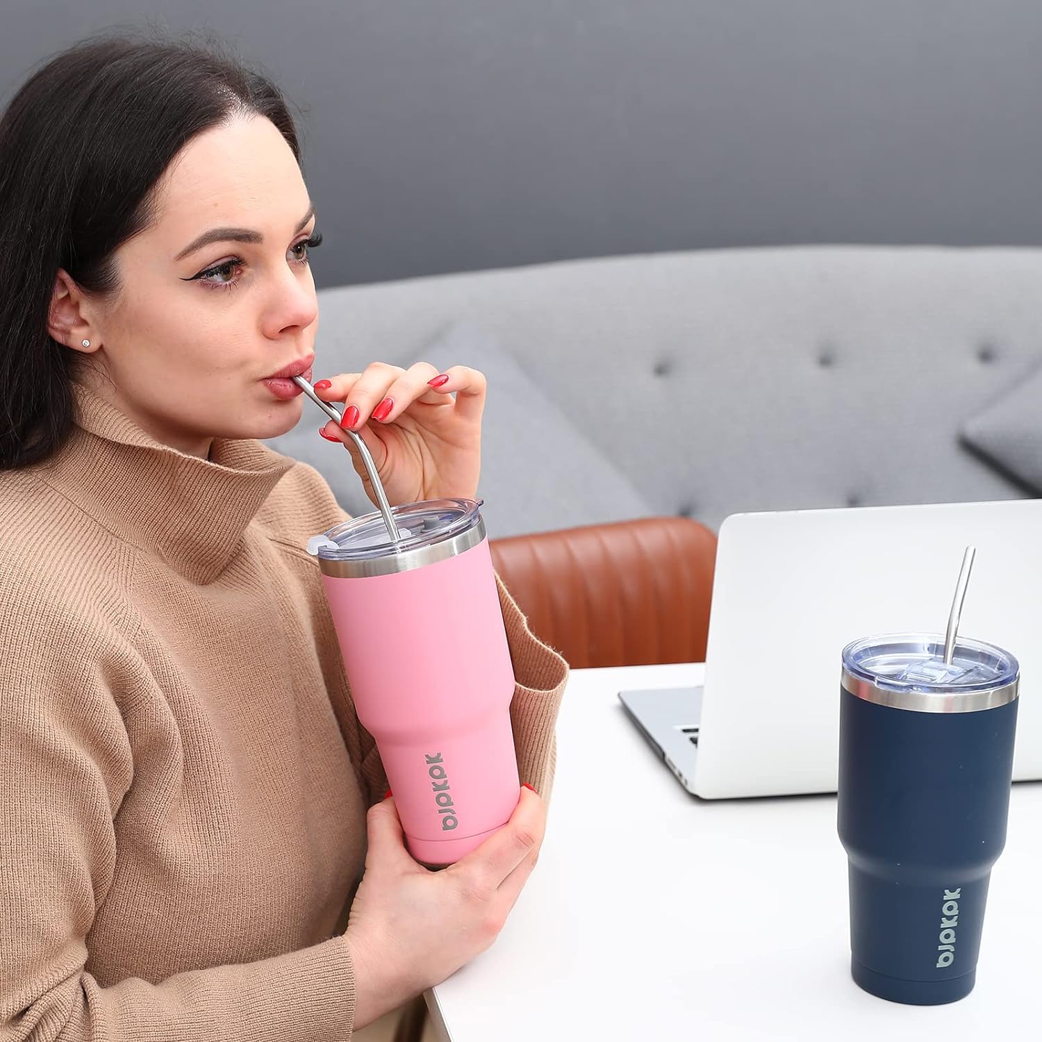 BJPKPK 30oz Tumbler Stainless Steel Double Wall Vacuum Insulated Mug with Straw and Lid for Women and Men In Purple Blue