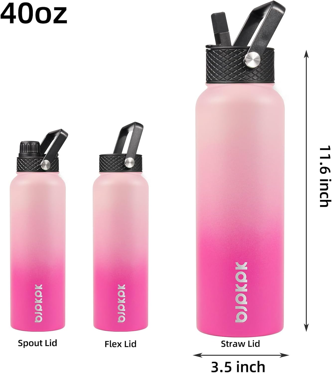 BJPKPK 40oz Stainless Steel Insulated Water Bottle with 3 Lids, Sakura - BPA Free Leakproof Thermos Bottle for Sports & Gym In Pink