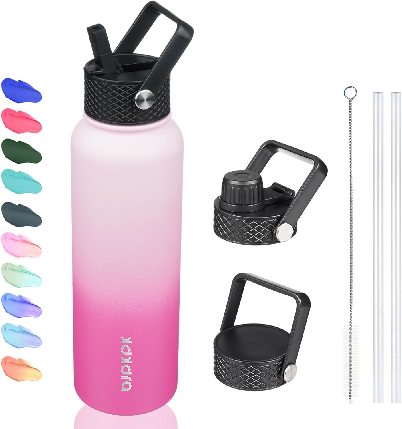BJPKPK 40oz Stainless Steel Insulated Water Bottle with 3 Lids, Sakura - BPA Free Leakproof Thermos Bottle for Sports & Gym In Pink