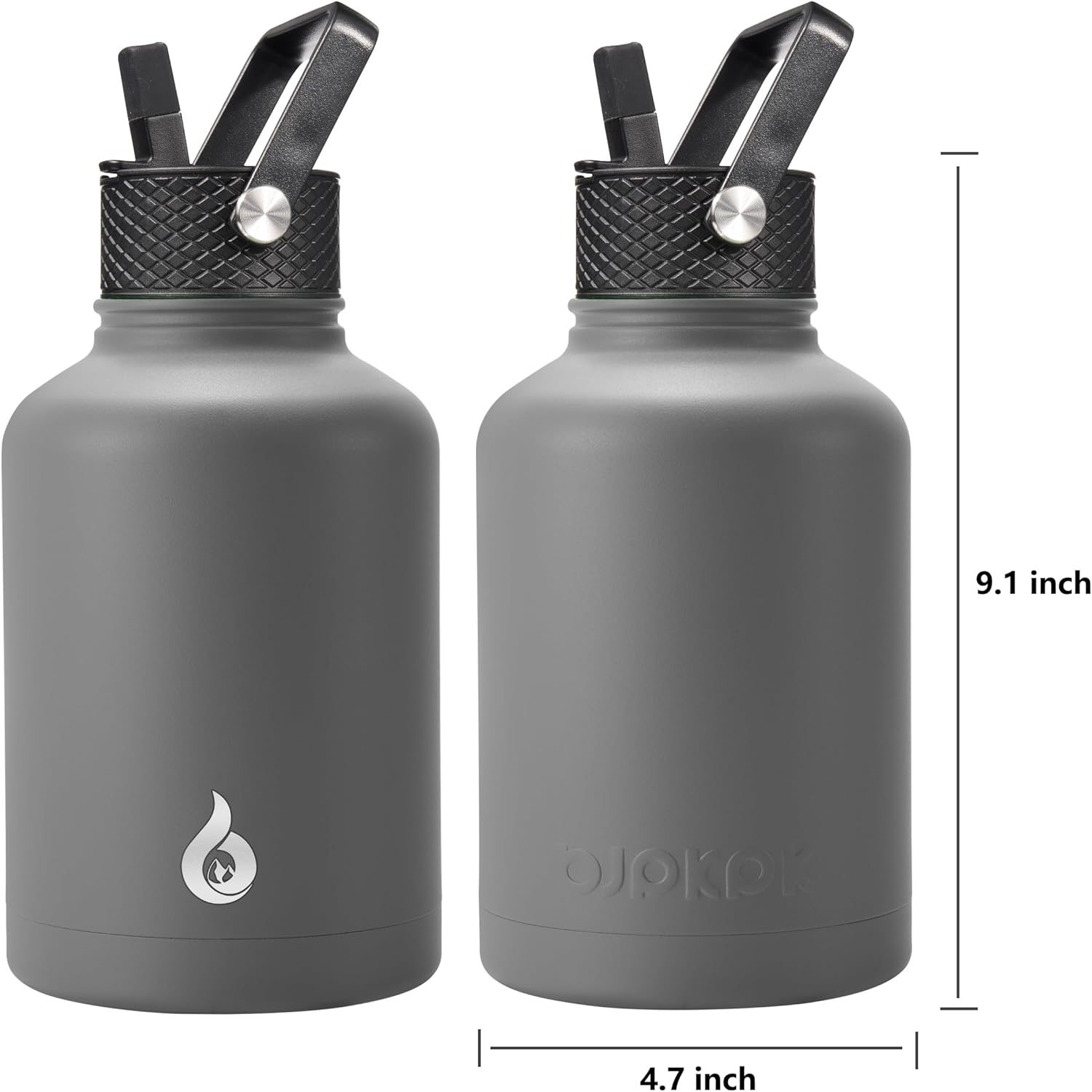 BJPKPK 50oz Stainless Steel Insulated Water Bottle, Vacuum Water Bottle with Straw, Leak Proof, Hot & Cold Insulation, 3 Lids & Paracord Handle In Grey