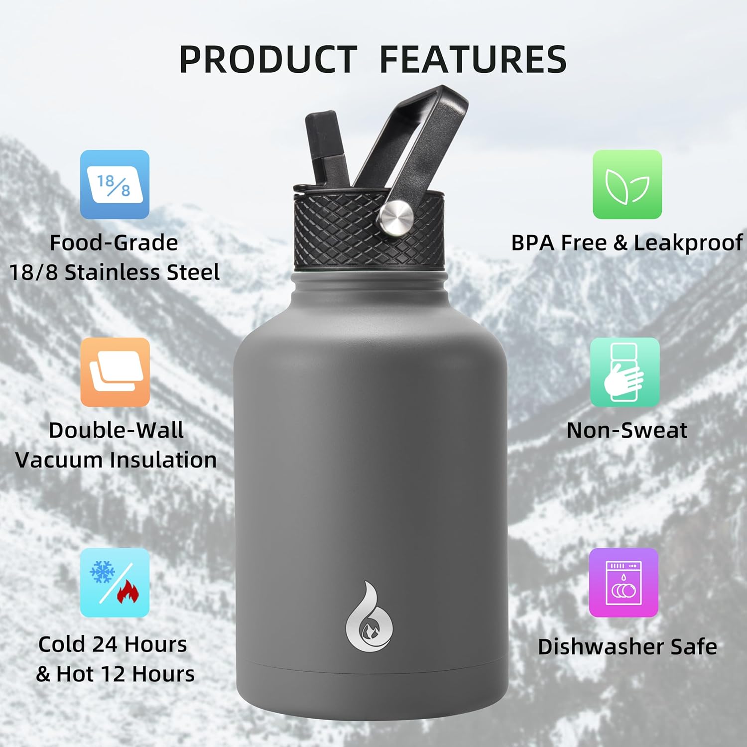 BJPKPK 50oz Stainless Steel Insulated Water Bottle, Vacuum Water Bottle with Straw, Leak Proof, Hot & Cold Insulation, 3 Lids & Paracord Handle In Grey