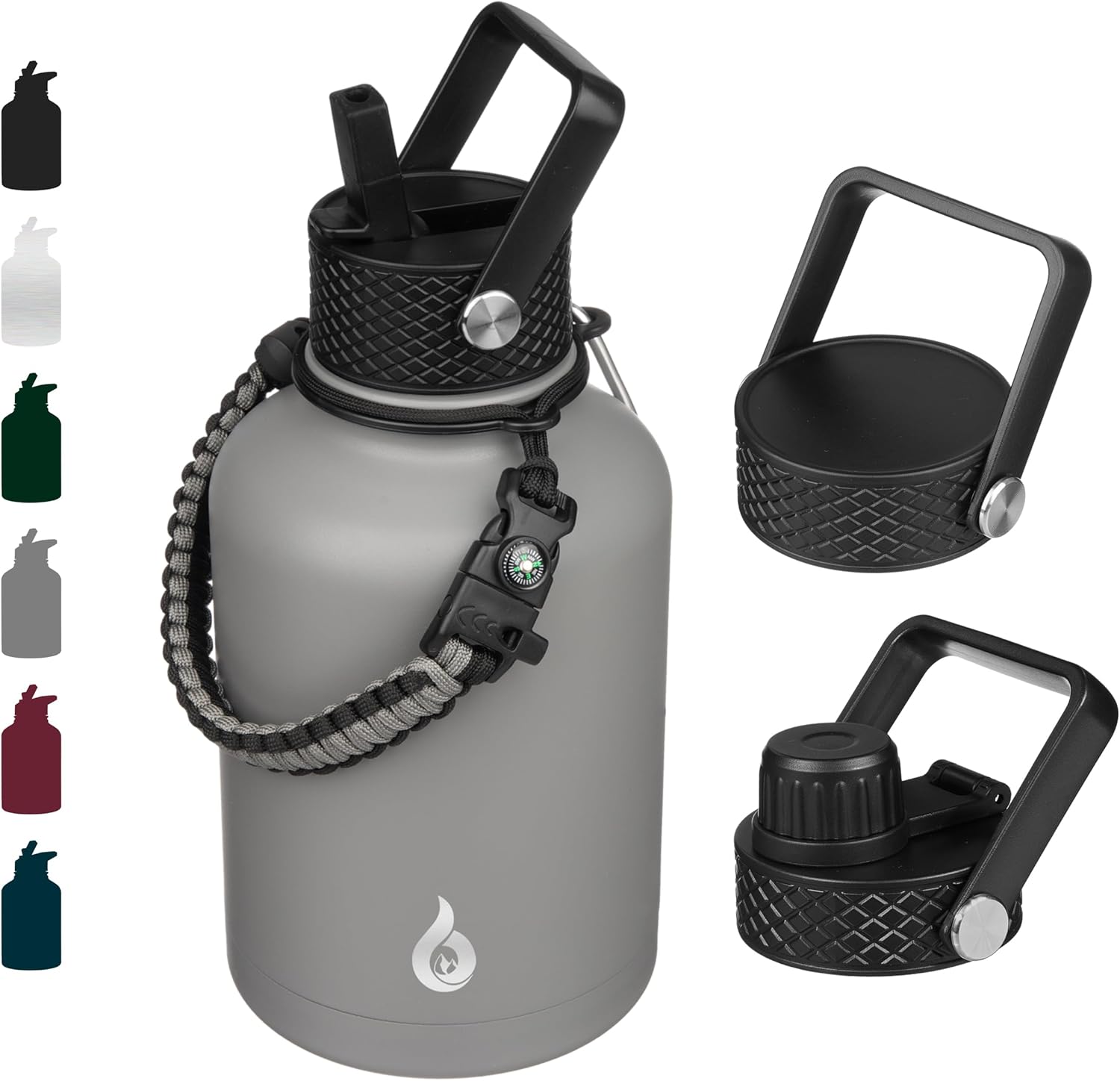 BJPKPK 50oz Stainless Steel Insulated Water Bottle, Vacuum Water Bottle with Straw, Leak Proof, Hot & Cold Insulation, 3 Lids & Paracord Handle In Grey