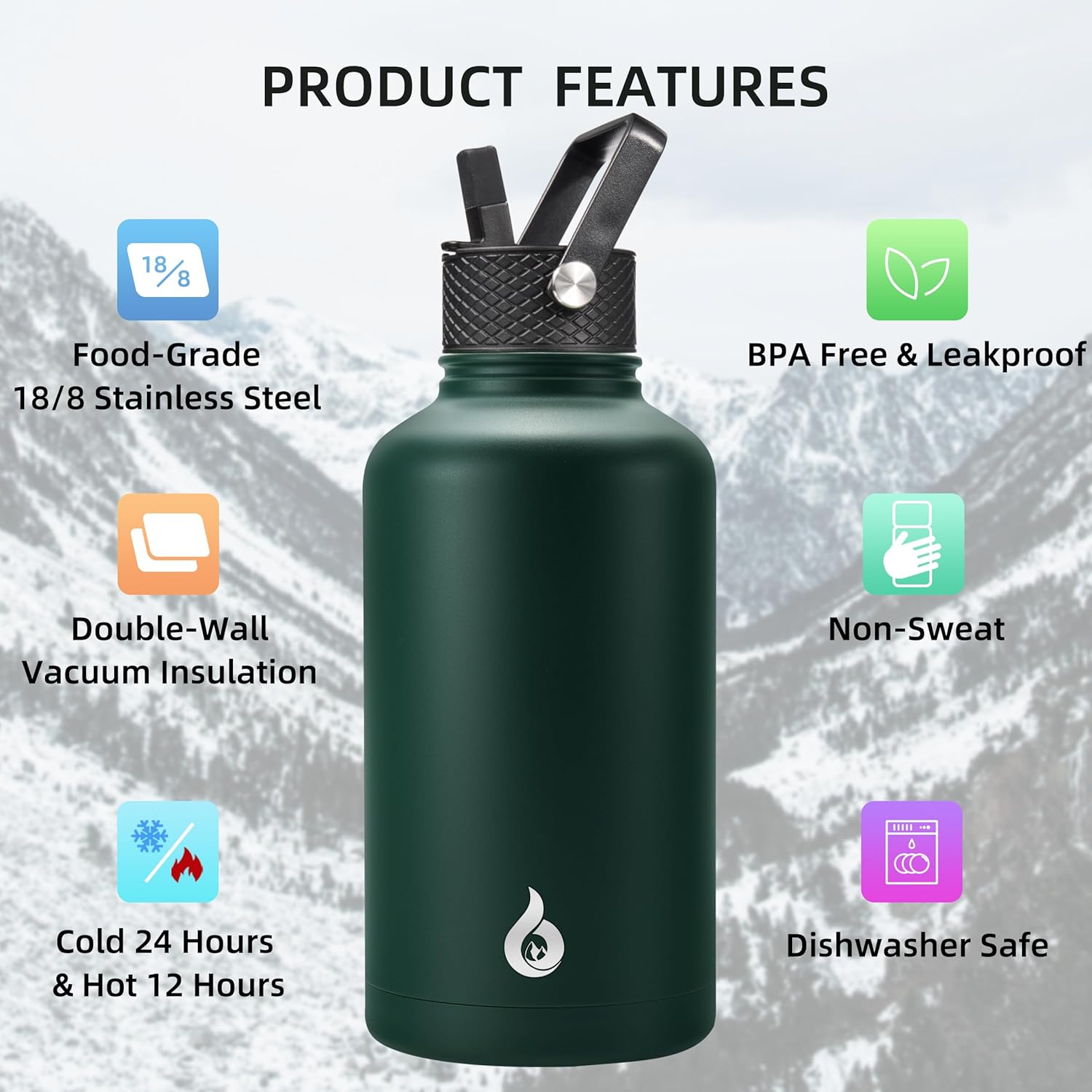 BJPKPK Half Gallon Insulated Water Bottles with Straw Lid, 64oz Large Water Jug, Stainless Steel Bottles with 3 Lids and Paracord Handle, Thermos for Hot & Cold Liquid In Green
