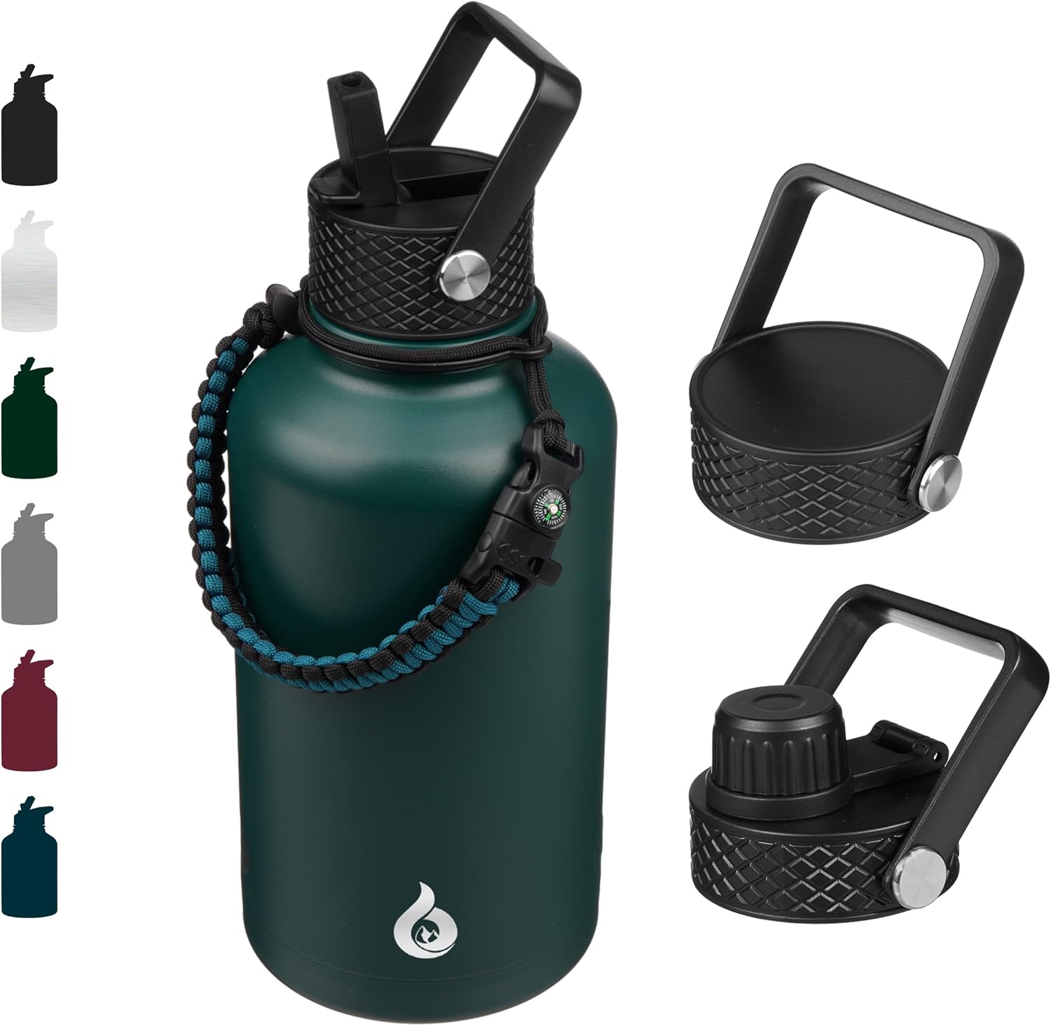 BJPKPK Half Gallon Insulated Water Bottles with Straw Lid, 64oz Large Water Jug, Stainless Steel Bottles with 3 Lids and Paracord Handle, Thermos for Hot & Cold Liquid In Green