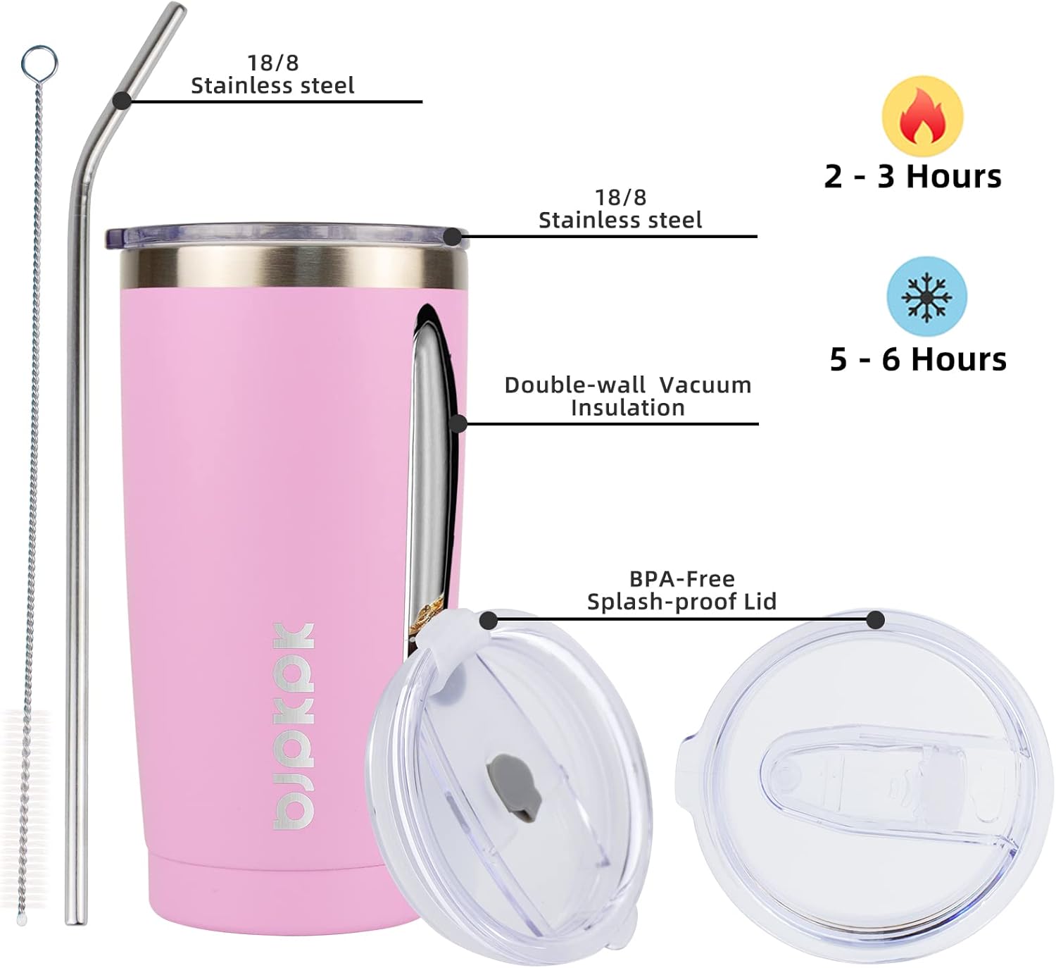BJPKPK Insulated Tumbler 20 oz Stainless Steel Coffee Travel Thermal Cup With lids And Straws In Light Pink