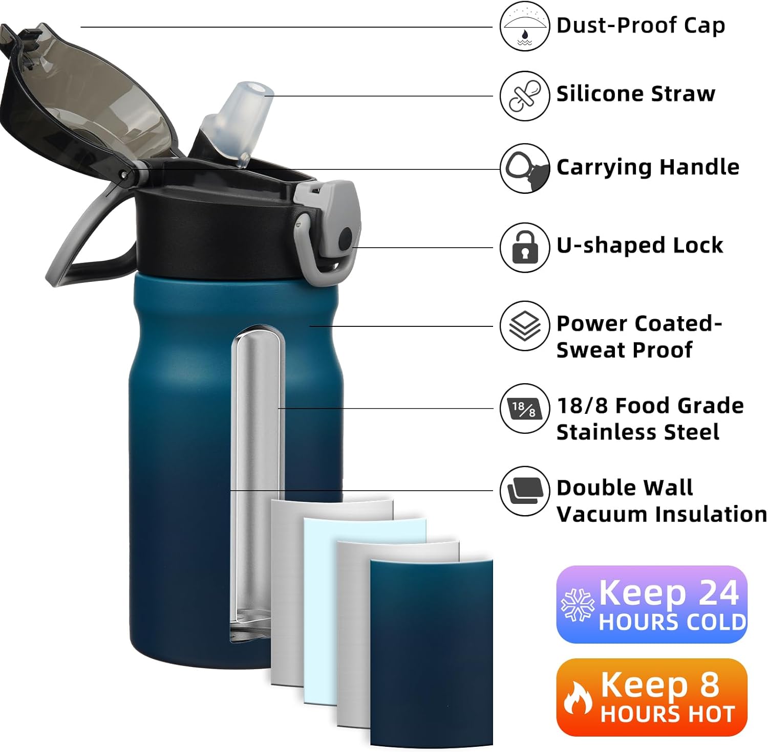 BJPKPK Insulated Water Bottle 14oz Stainless Steel Water Bottles With Straw And Carry Handle Double Wall Metal Thermos In Indigo Black