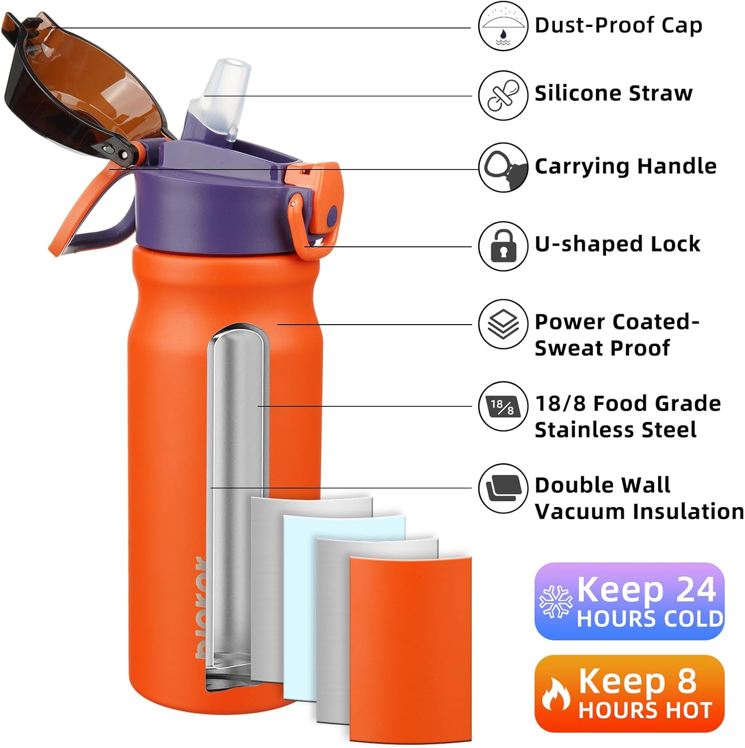 BJPKPK Insulated Water Bottle 18oz Stainless Steel Water Bottles With Straw And Carry Handle Double Wall Metal Thermos In Orange