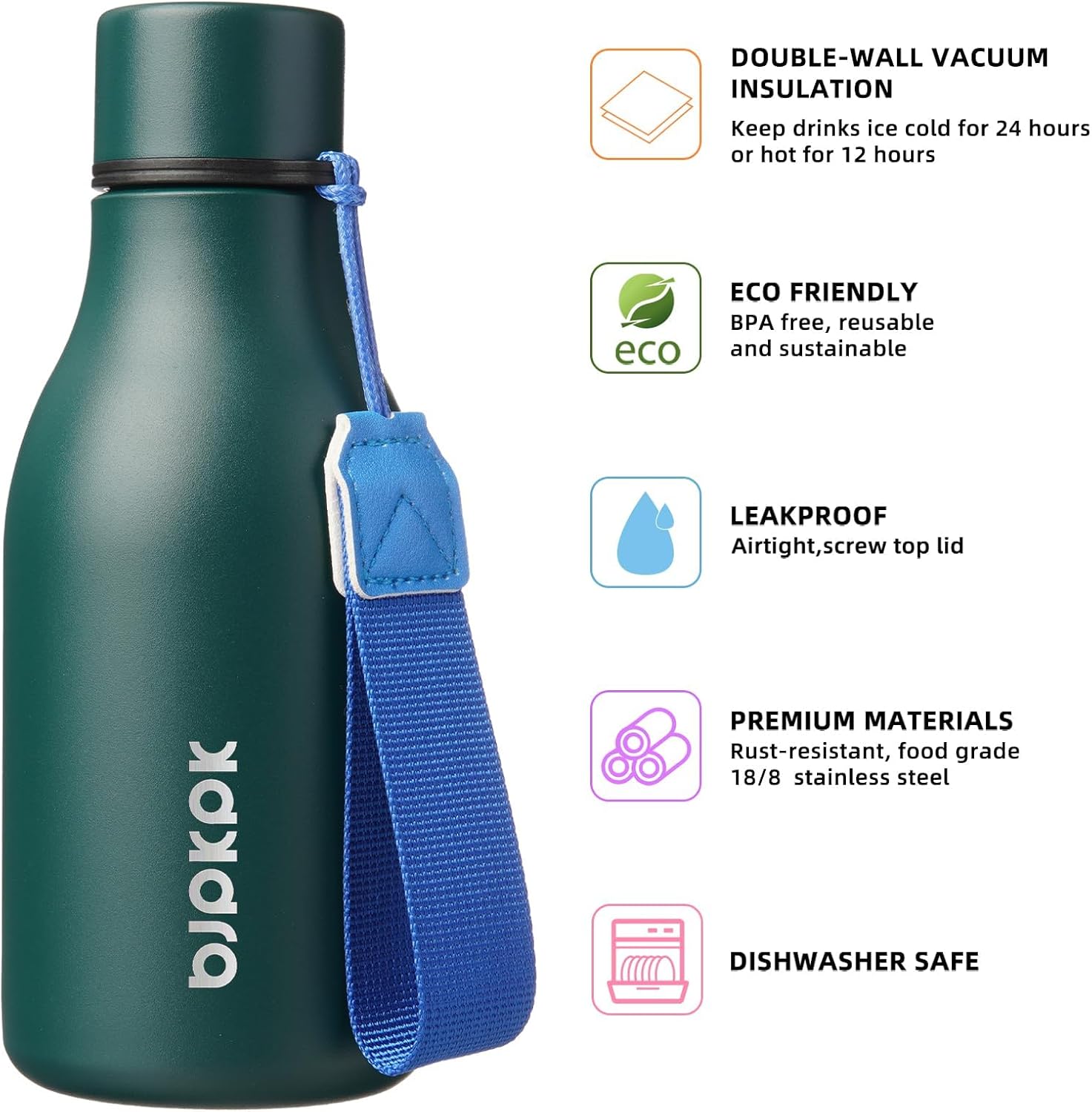 BJPKPK Insulated Water Bottles, 12oz Stainless Steel Metal Water Bottle with Strap, BPA Free Leak Proof Thermos, Mugs, Flasks, Reusable Water Bottle for Sports & Travel In Green
