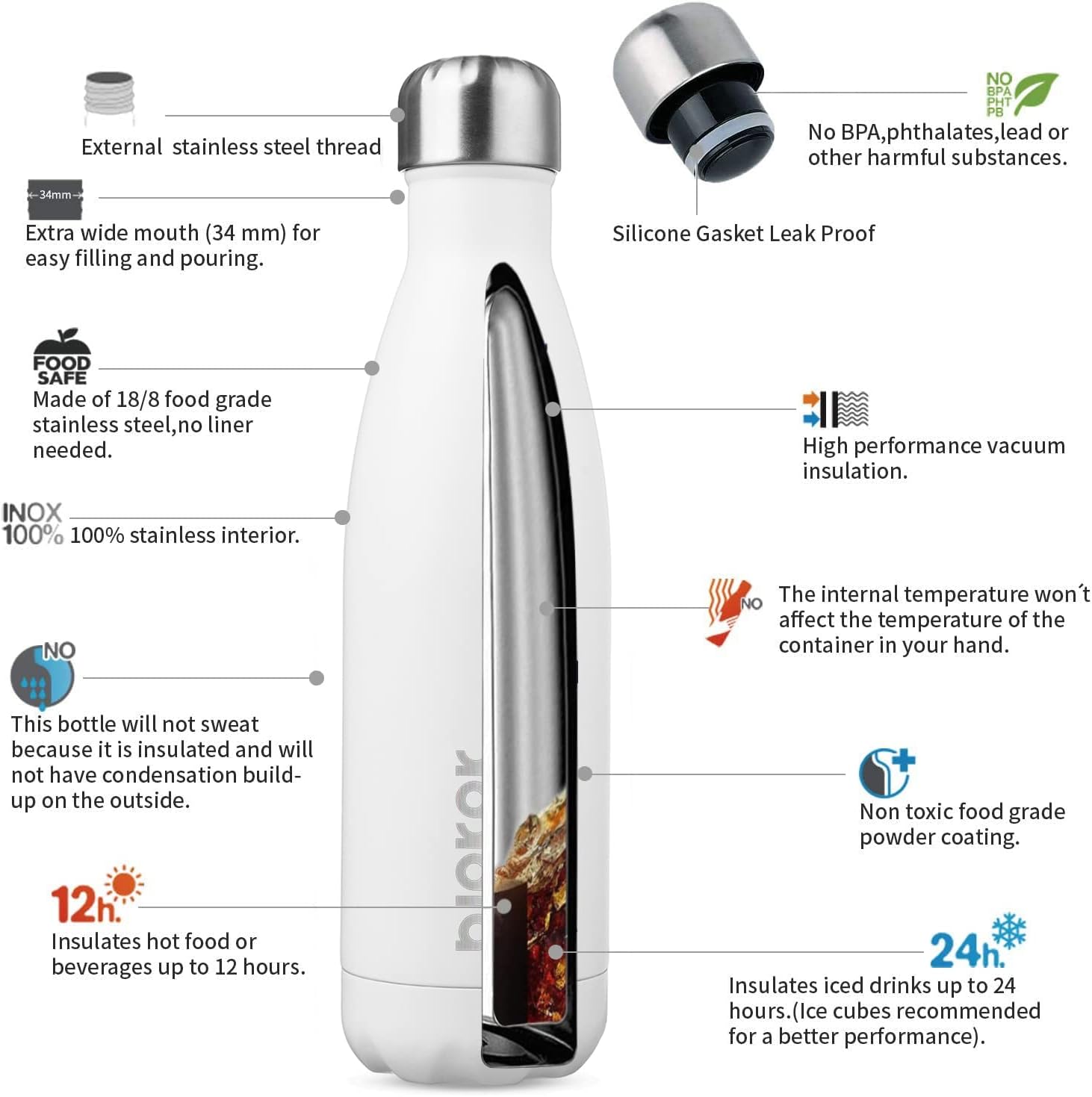 BJPKPK Insulated Water Bottles -17oz/500ml -Stainless Steel Water bottles, Sports water bottles Keep cold for 24 Hours and hot for 12 Hours,BPA Free water bottle (Pack of 2) In White