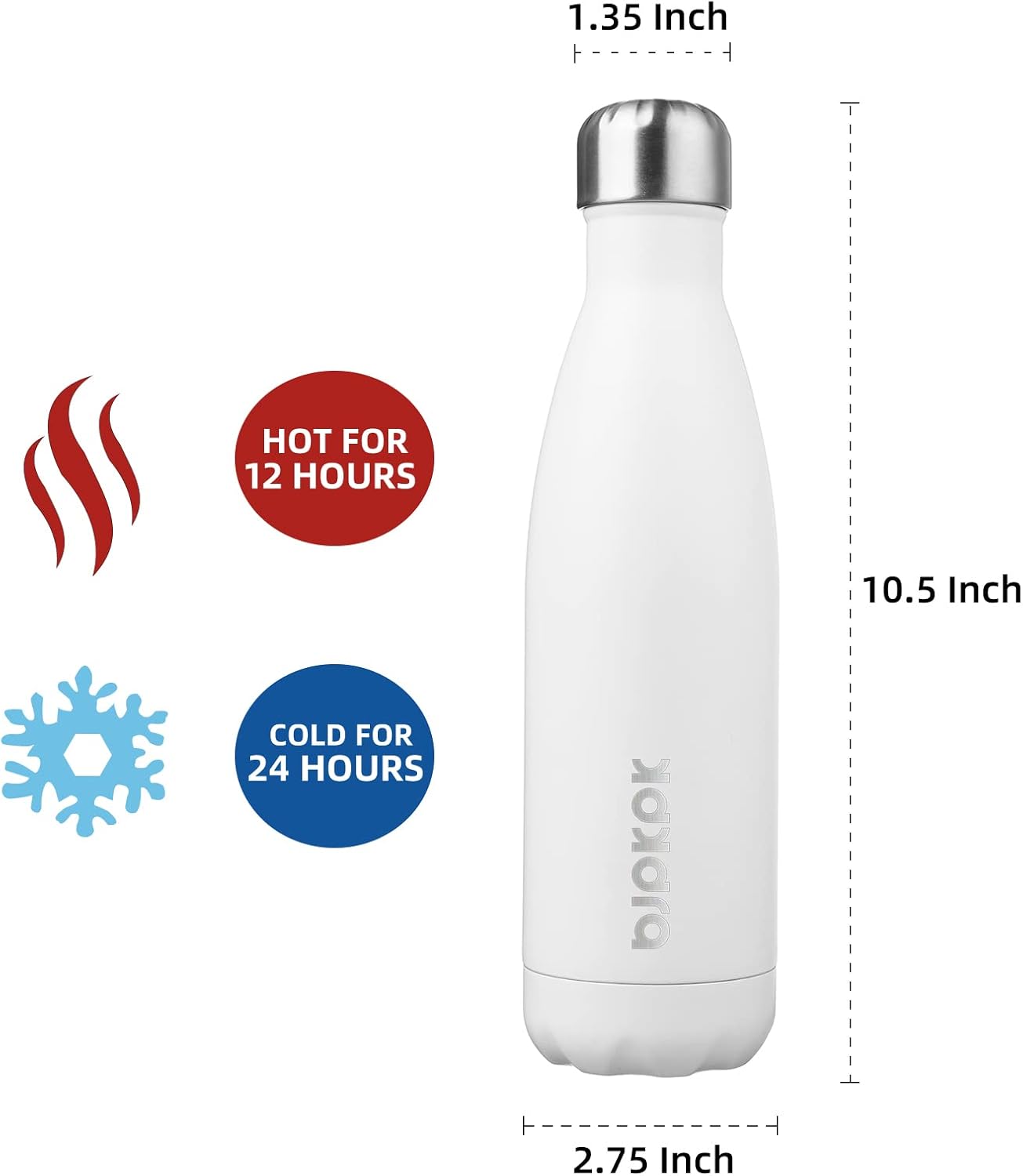 BJPKPK Insulated Water Bottles -17oz/500ml -Stainless Steel Water bottles, Sports water bottles Keep cold for 24 Hours and hot for 12 Hours,BPA Free water bottle (Pack of 2) In White