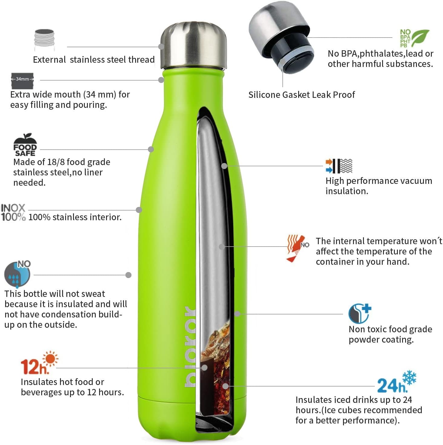 BJPKPK Insulated Water Bottles -17oz/500ml -Stainless Steel Water bottles, Sports water bottles Keep cold for 24 Hours and hot for 12 Hours,BPA Free water bottles (Pack of 5) In Green