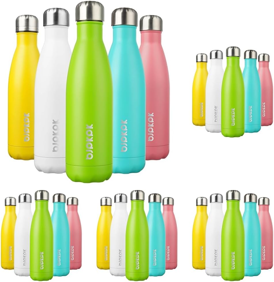BJPKPK Insulated Water Bottles -17oz/500ml -Stainless Steel Water bottles, Sports water bottles Keep cold for 24 Hours and hot for 12 Hours,BPA Free water bottles (Pack of 5) In Green