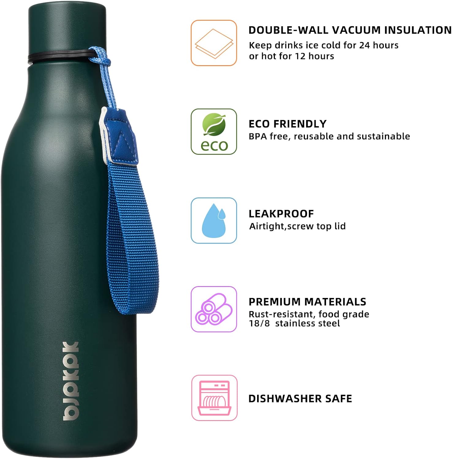 BJPKPK Insulated Water Bottles, 18 oz Stainless Steel Metal Water Bottle with Strap, BPA Free Leak Proof Thermos, Mugs, Flasks, Reusable Water Bottle for Sports & Travel In Green