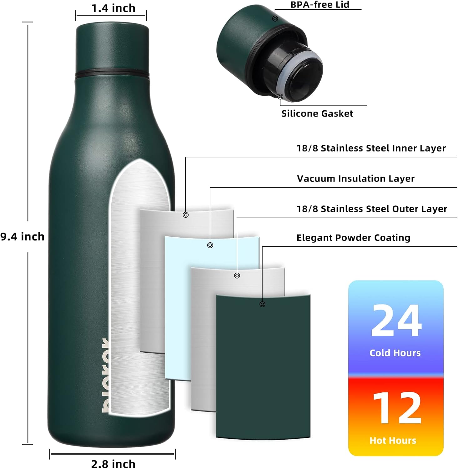 BJPKPK Insulated Water Bottles, 18 oz Stainless Steel Metal Water Bottle with Strap, BPA Free Leak Proof Thermos, Mugs, Flasks, Reusable Water Bottle for Sports & Travel In Green