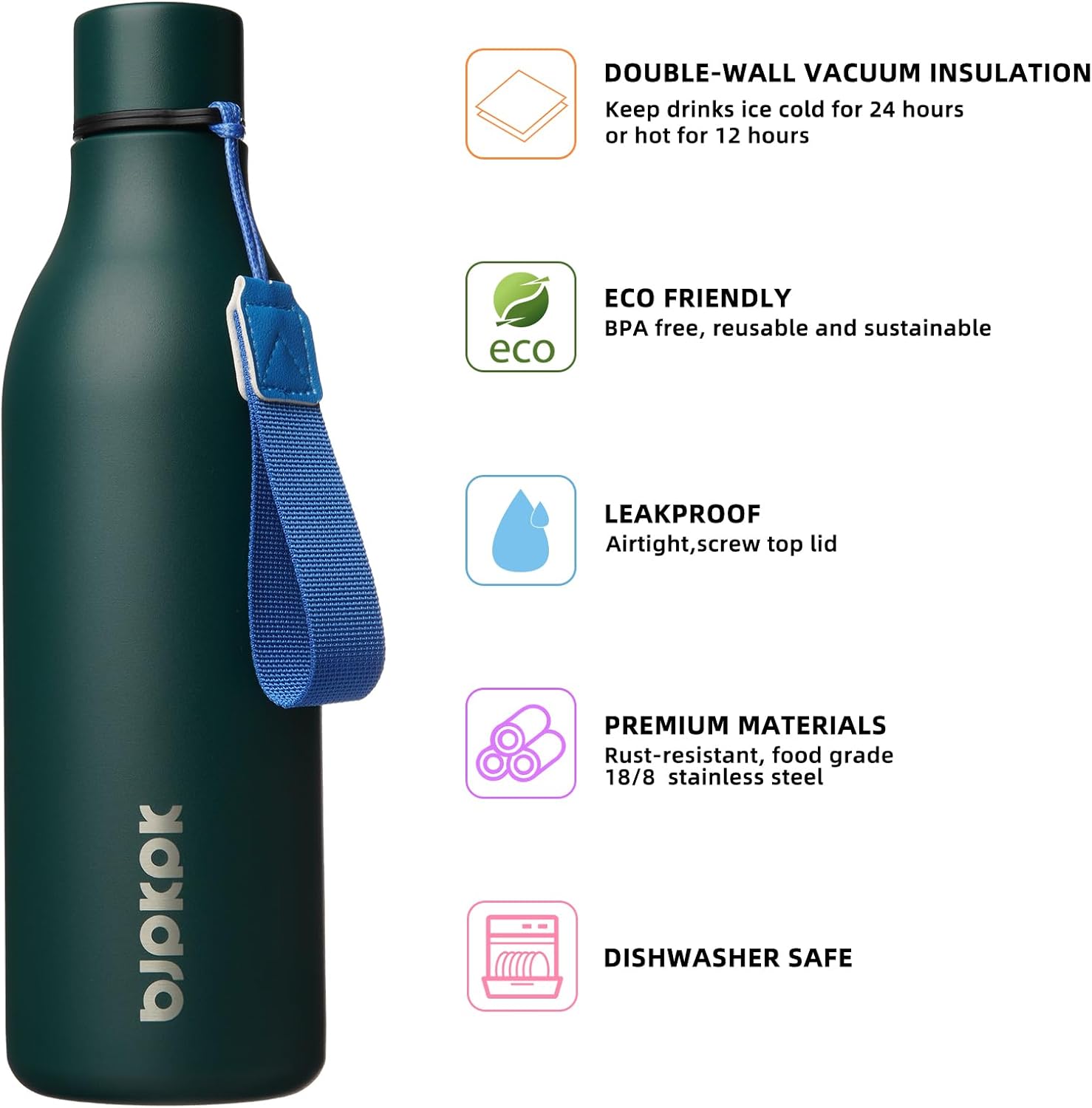 BJPKPK Insulated Water Bottles, 25 oz Stainless Steel Metal Water Bottle with Strap, BPA Free Leak Proof Thermos, Mugs, Flasks, Reusable Water Bottle for Sports & Travel In Green