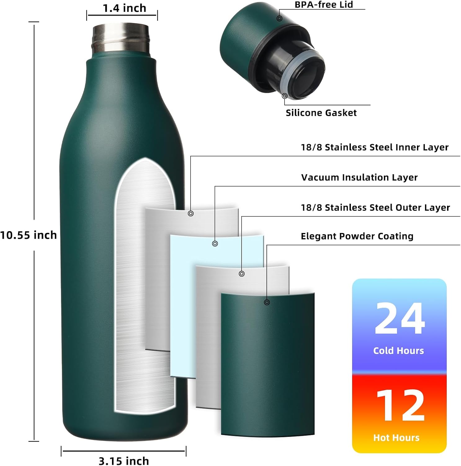BJPKPK Insulated Water Bottles, 25 oz Stainless Steel Metal Water Bottle with Strap, BPA Free Leak Proof Thermos, Mugs, Flasks, Reusable Water Bottle for Sports & Travel In Green