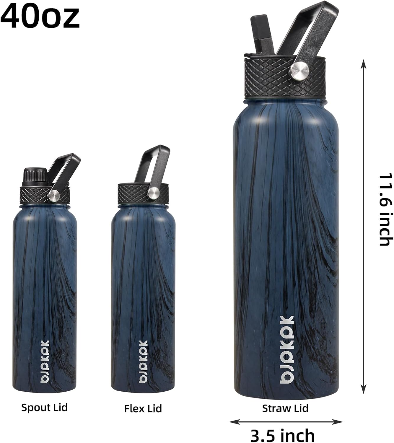 BJPKPK Insulated Water Bottles with Straw Lid, 40oz Stainless Steel Water Bottles with 3 Lids, BPA Free Leakproof Thermos, Tumblers, Cups for Sports In Blue