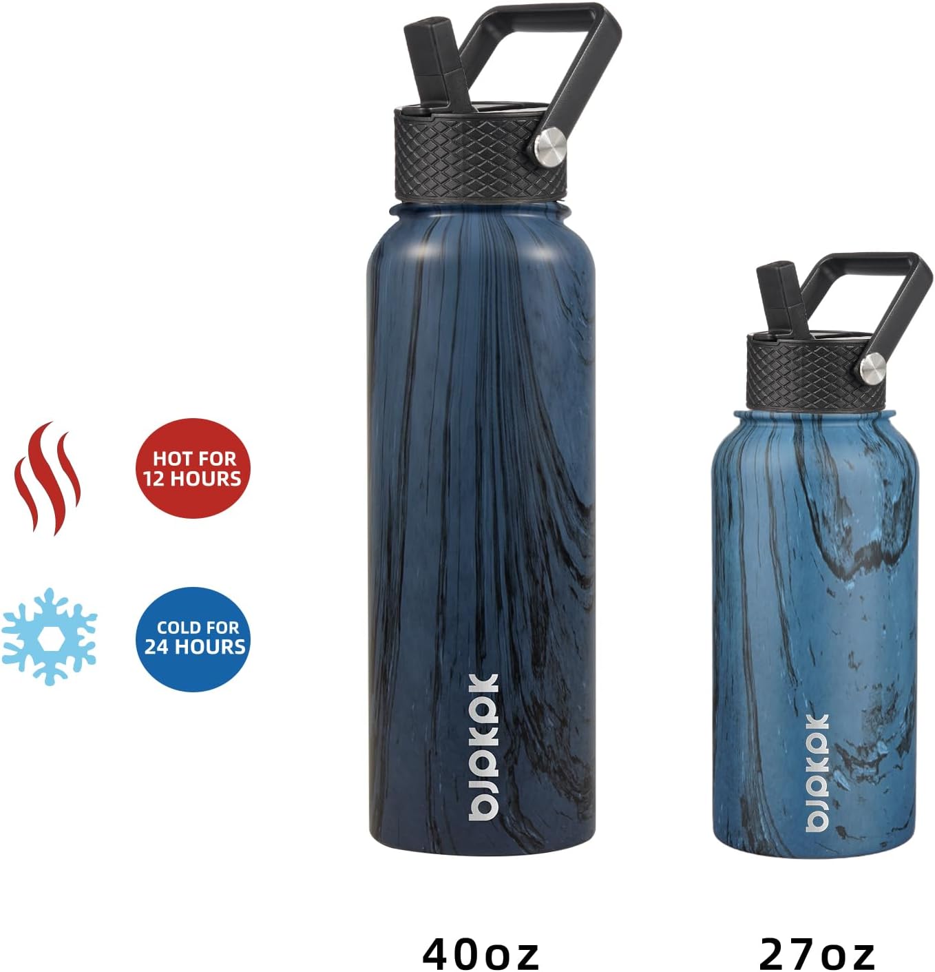 BJPKPK Insulated Water Bottles with Straw Lid, 40oz Stainless Steel Water Bottles with 3 Lids, BPA Free Leakproof Thermos, Tumblers, Cups for Sports In Blue
