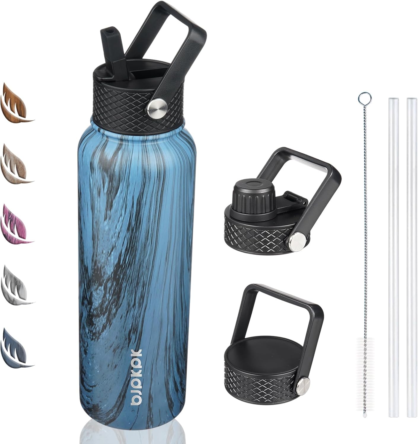 BJPKPK Insulated Water Bottles with Straw Lid, 40oz Stainless Steel Water Bottles with 3 Lids, BPA Free Leakproof Thermos, Tumblers, Cups for Sports In Blue