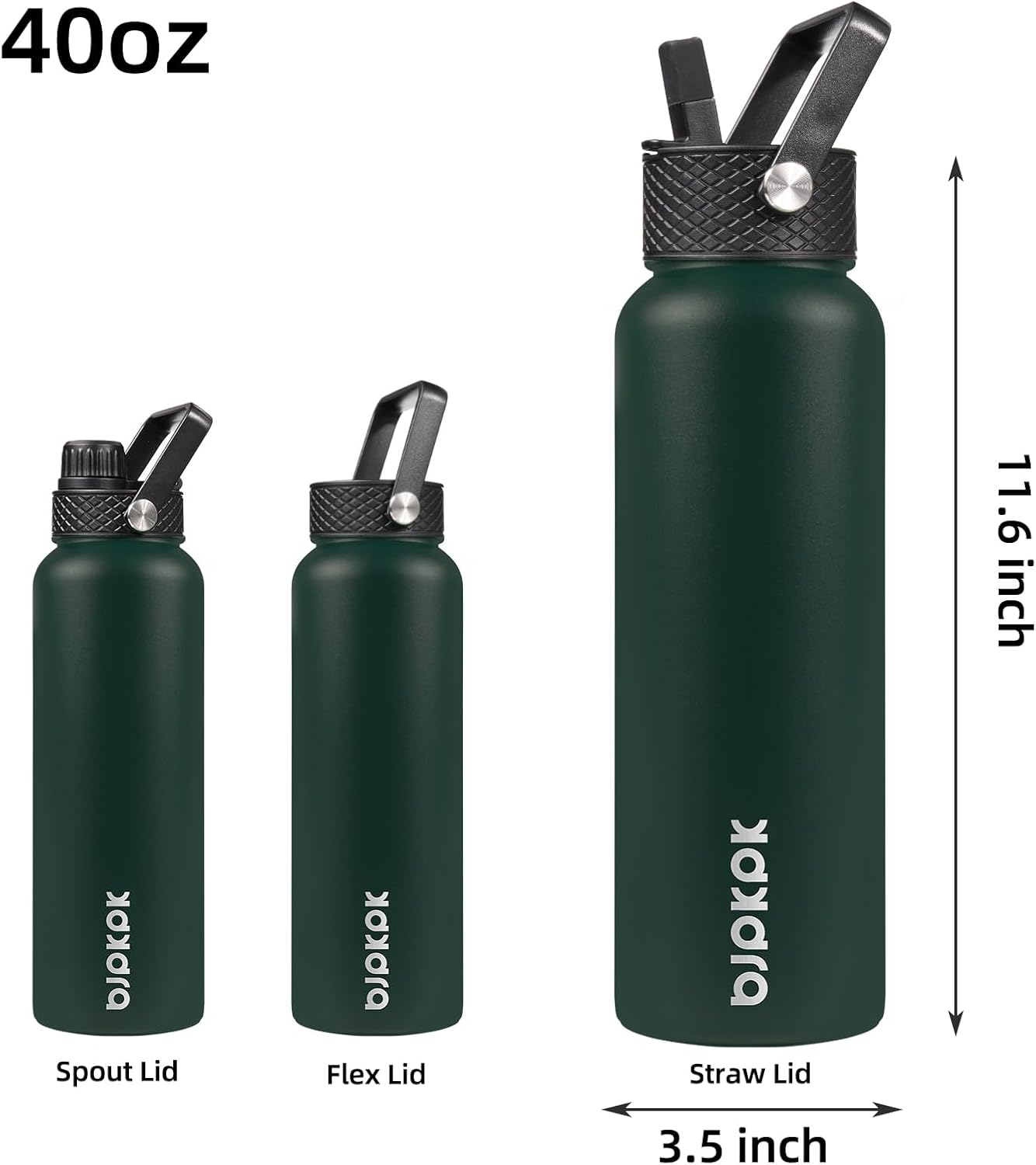 BJPKPK Insulated Water Bottles with Straw Lid, 40oz Stainless Steel Water Bottles with 3 Lids, BPA Free Leakproof Thermos, Tumblers, Cups for Sports, Gym In Green